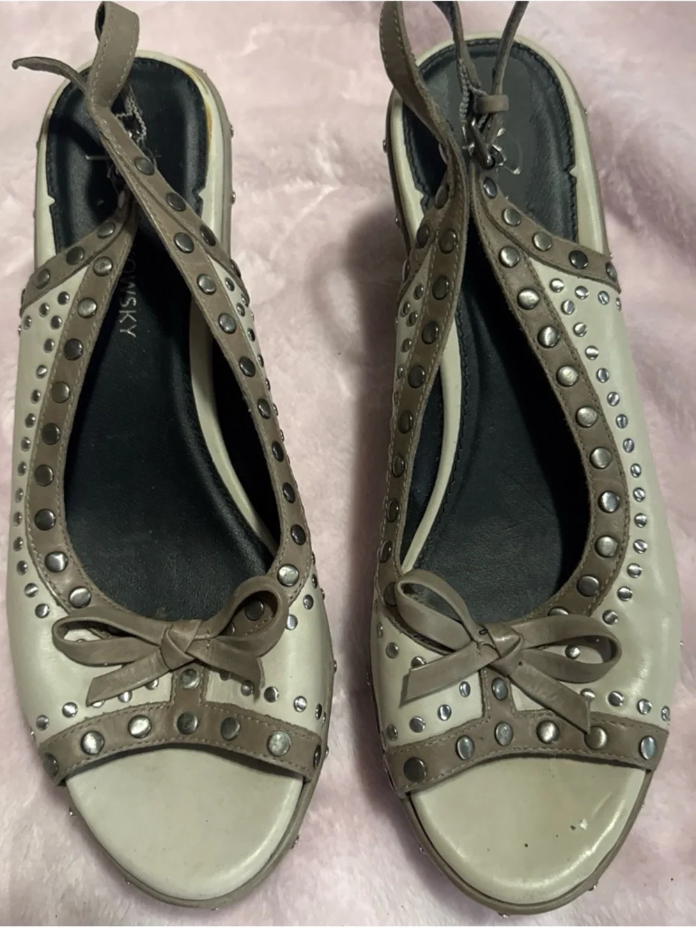 Women’s Taupe and Cream Studded Peep-Toe Slingback platforms
